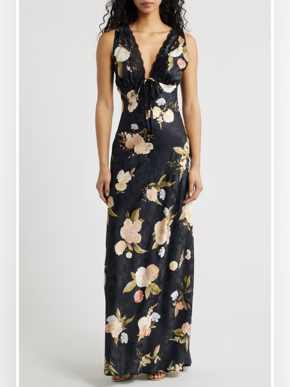 Lulus Judith Floral Jacquard Satin Lace Maxi Slip Dress Black XS NWT $110